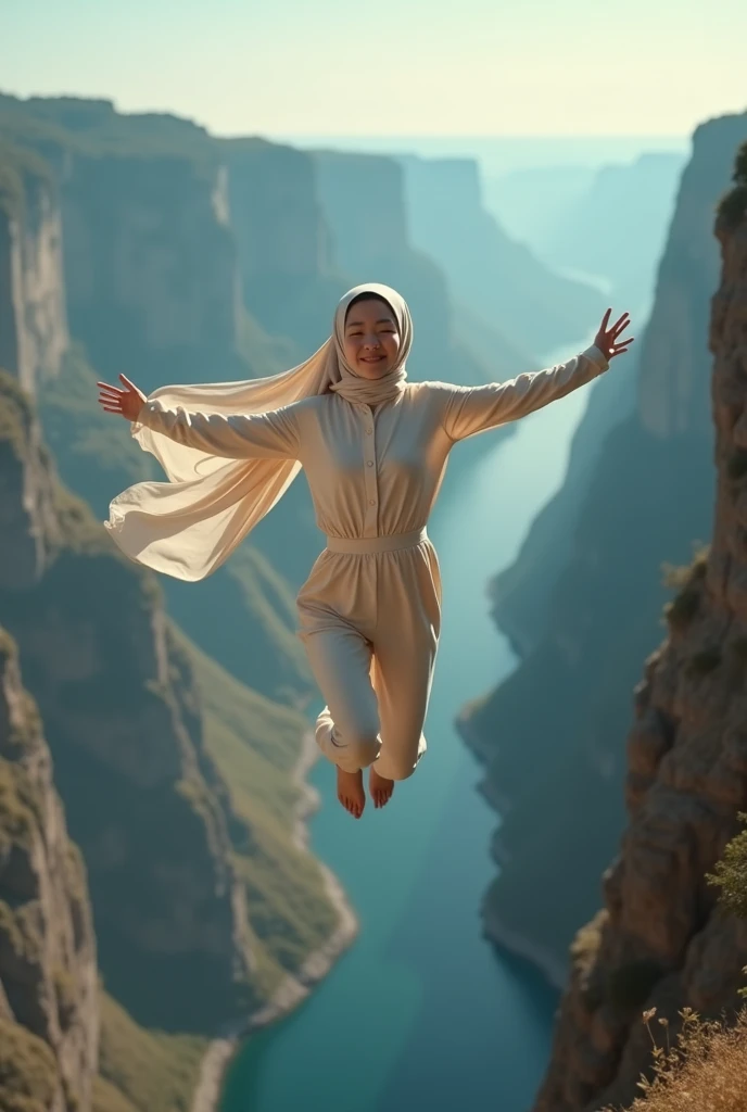 A asian woman with long hijab flowing wearing long cream overall jeans, jump free fall on the edge of a steep and terrifying cliff, face Smilling looking at the camera