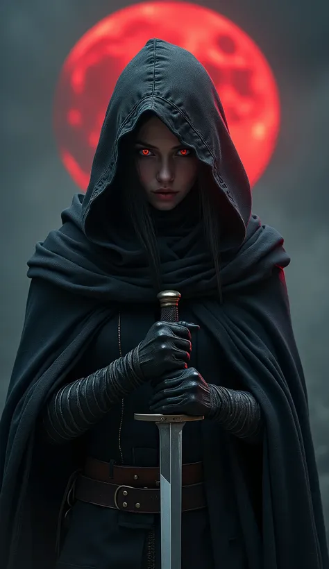 girl assassin in hood and cloak, holding a knife, serious face, eyes glowing, realistic style, upper body, dark sky blood moon background, horror