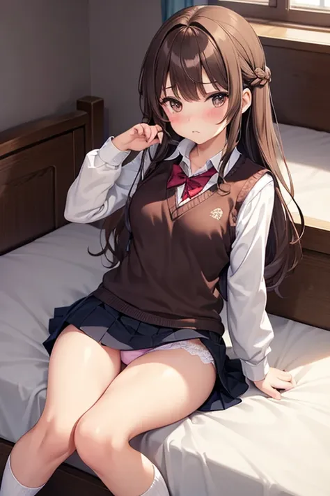 girl,high school girl,Brown Hair,Long Hair,Winding Wave,Small breasts,V-neck sweater vest,Long sleeve shirt,Pleated mini skirt,Lace panties,Ankle-length socks,bed,girl座り,Cutting seat,,skirt lift,Pouting,pout,