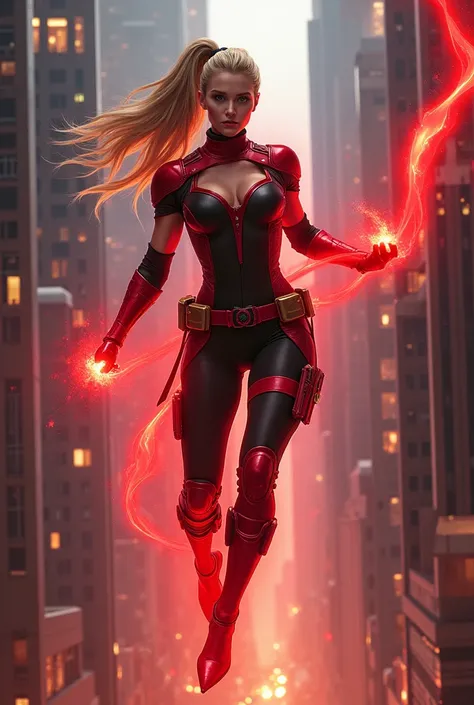 (((Flying between skyscrapers))),(((lady deadpool))),(((A beautiful woman with long blonde hair tied back in a ponytail))),(((bajo el manto de Wanda Wilson alias lady deadpool))),(((fighting pose))),(((red magic around his entire body))),(((Mascara lady de...