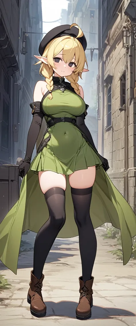 Elf、1 female、women only、short hair、twin braids、ahoge、blonde、(thin)、Big Breasts、Tall、empty eyes、black eye、Black elbow gloves、((black thigh highs))、Small black beret、Brown scarf、Green dress、Brown boots、((full body))、whole body、Are standing、thin太もも、shoulder、b...