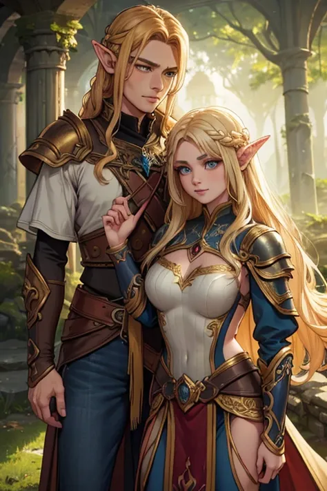 a beautiful detailed portrait of two gorgeous elven warrior twins, long braided golden hair, wearing baroque elven armor, battle...