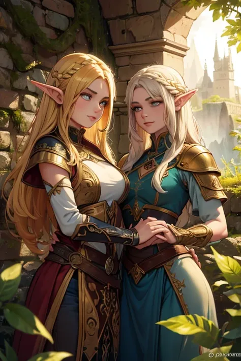 a beautiful detailed portrait of two gorgeous elven warrior twins, long braided golden hair, wearing baroque elven armor, battle...