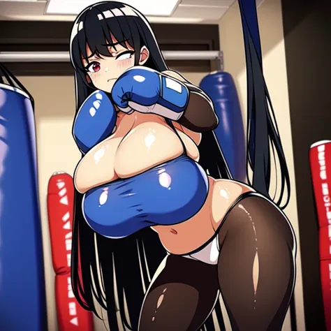 girl、wide-angle full-body drawing、blue boxing gloves、standing but leaning in a corner position, covering her face tightly with h...