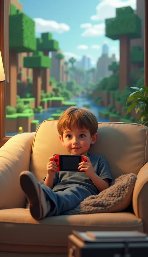 A  boy with short light brown hair sitting with his feet up on a beige sofa with a box next to him, playing red nintendo switch with the Super Mario logo on the back of the video game, the minecraft game scenario in the background. 