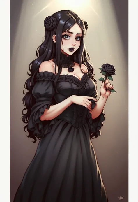 a cute Yuna in cosplay as Morticia Adams, beautiful detailed eyes, beautiful detailed lips, extremely detailed eyes and face, long eyelashes, slinky black dress, deep v down middle, deep thigh slits, sultry pose, holding a black rose, 8k, best quality, hig...