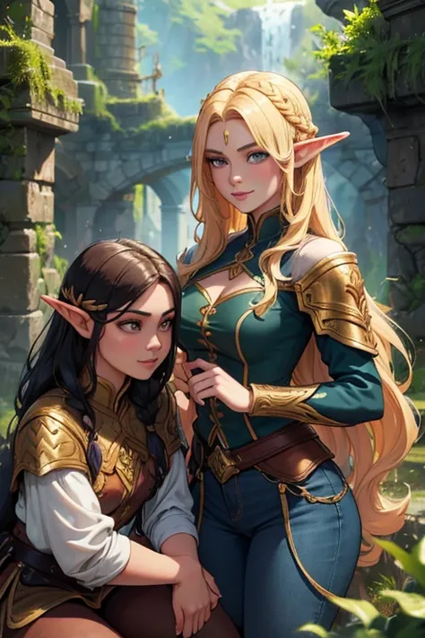 2 gorgeous elven warrior twins, long braided golden hair, baroque elven armor, battle-worn, magic, jeans, short top, smiling, fa...