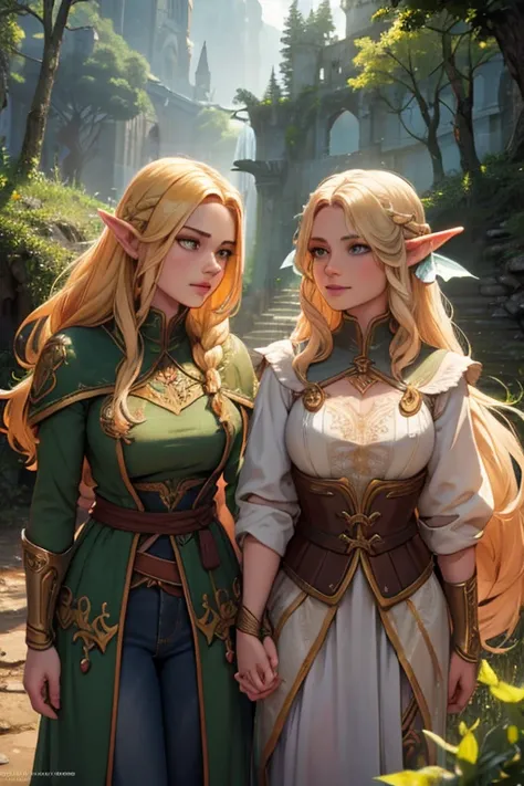 2 gorgeous elven warrior twins, long braided golden hair, baroque elven armor, battle-worn, magic, jeans, short top, smiling, fa...