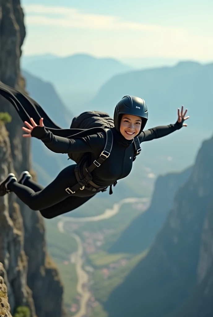 A asian woman with long hijab flowing wearing long black overall jeans sporty, wearing helmet, jump free fall on the edge of a steep and terrifying cliff, face Smilling looking at the camera