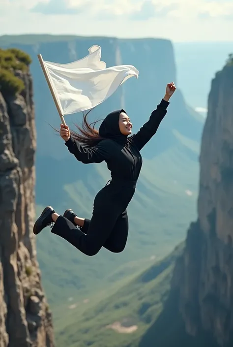 A asian woman with long hijab flowing wearing long black overall jeans sporty, holding a white flag in right hand, jump free fall on the edge of a steep and terrifying cliff, face Smilling looking at the camera