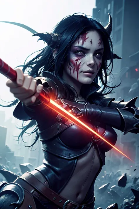 girl, rotten zombie warrior, evil look, sexy,  wield a spear, demon armor, face paint, body paint, red glowing eyes, combat stan...