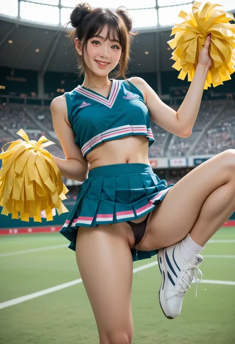 score_9, score_8_up, score_7_up,1 cheerleader, BREAK 1 female,22years old,kawaii,((Japanese)),Japanese idol face,black messy bun hair with side bangs,realistic skin texture,solo,kawaii, perfect body,(tan skin),tanlines,(slender body:1.2),(small breasts),la...