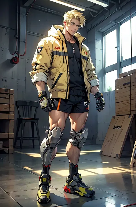 handsome blond man, he has robotic legs at knee height (his legs were amputated years ago), athletic body