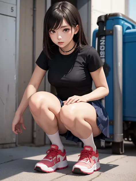 Girl wear short skirt, squat