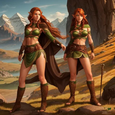 full body, perfect face, pretty face, elf, 1girl, mountains, auburn hair, viking top braid, green eyes, brown leather, (skimpy l...