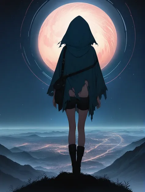 score_9, score_8_up, score_7_up, score_anime, masterpiece, top quality, delicate illustration, sharp lines, sharp focus, BREAK, a traveling girl wandering in the endless night world, the girl wears a hood and has a lot of stuff in her backpack, night , fan...