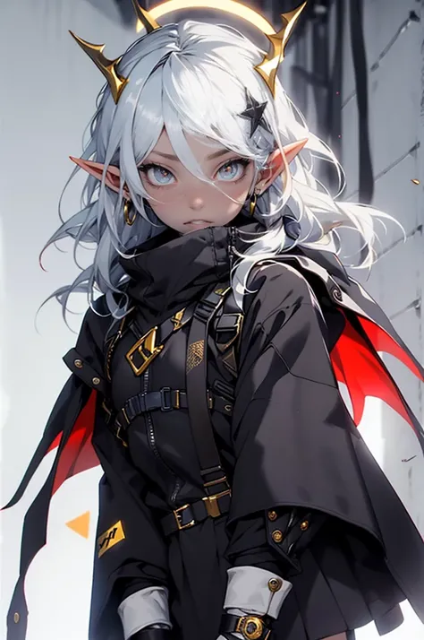 type character design, full body image with white background. very beautiful devil elf woman with white wavy hair, golden eyes that have pupils shaped like four-pointed stars, 6 white wings on top, Black devil horns and a large halo in between.devil tail a...