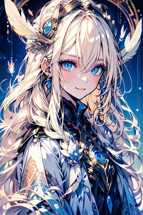 4k quality:1.2,very beautiful illustration:1.2,seraph,((6 white feathers)),blonde,long hairstyles,((beautiful cobalt blue eyes:1...