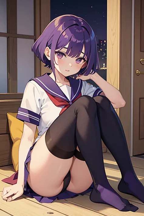 Sailor, Mature Woman, masterpiece, Tengu,short hair ,((Purple Hair)),Putting on socks