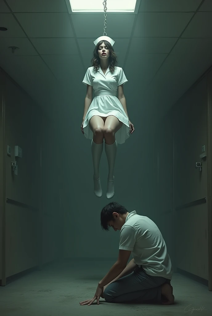 Scene of female nurse hanging herself in white thigh high socks, hovering in the air , a man sitting on the ground in panic 