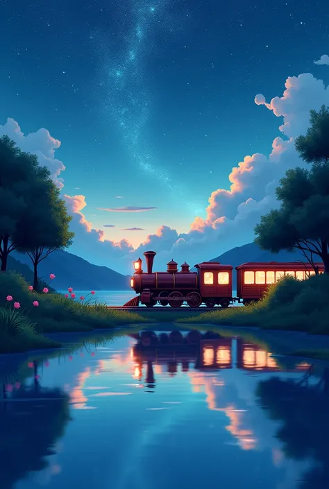 masterpiece, Cartoon train on tracks passing through body of water, Bright starry sky. Romantic train, Shinkai Makoto的图片, pixiv, Concept Art, lofi style style, reflection. author：Shinkai Makoto, lofi style, Beautiful anime scene, Anime Landscape, Detailed ...