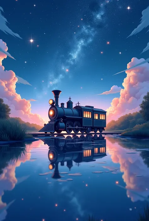 masterpiece, Cartoon train on tracks passing through body of water, Bright starry sky. Romantic train, Shinkai Makoto的图片, pixiv, Concept Art, lofi style style, reflection. author：Shinkai Makoto, lofi style, Beautiful anime scene, Anime Landscape, Detailed ...