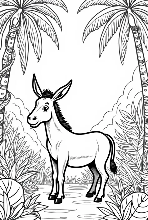 Black and white coloring book page of a donkey in the jungle 