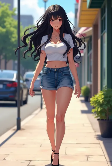 beautiful adult fit anime woman, very long wavy jet black hair, white cropped t-shirt, low rise denim mini skirt, medium breasts, high heels, walking on the sidewalk, sunny day