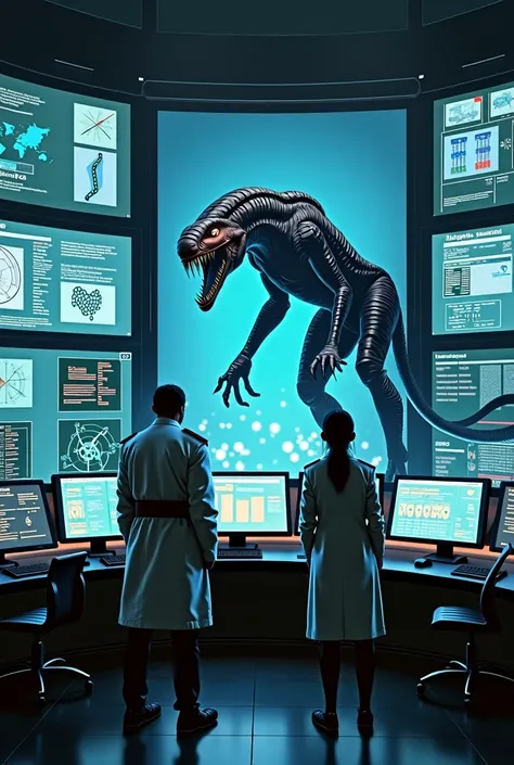 In a control room, screens showed images of important data and DNA samples and other screens showed a 4-legged alien creature.:

Physical appearance:
- Elongated and muscular body, similar to a feline or reptile - Large, rounded head, with large, piercing ...