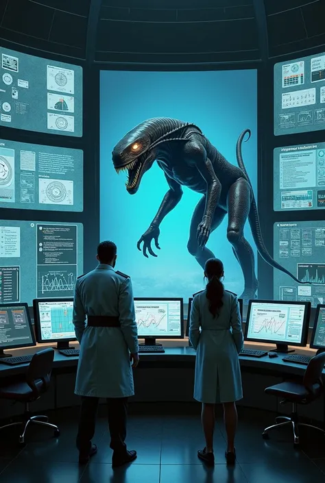 In a control room, screens showed images of important data and DNA samples and other screens showed a 4-legged alien creature.:

Physical appearance:
- Elongated and muscular body, similar to a feline or reptile - Large, rounded head, with large, piercing ...