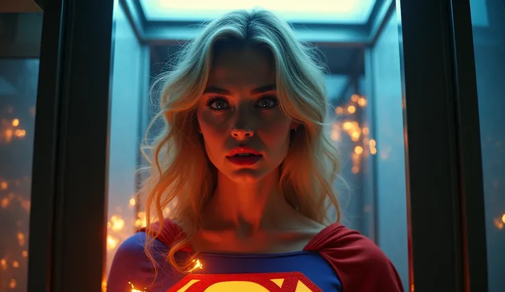 1woman in telephone booth, beautiful detailed eyes, beautiful detailed lips, extremely detailed face and skin, long eyelashes, supergirl 1984s movie costume, supergirl transformation, dynamic pose, dramatic lighting, glowing energy effects, cinematic compo...