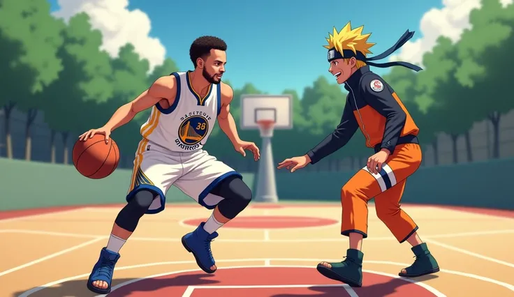 Stephen Curry playing basketball with Naruto. Dexe o cabelo do curry normal. photo in 8k