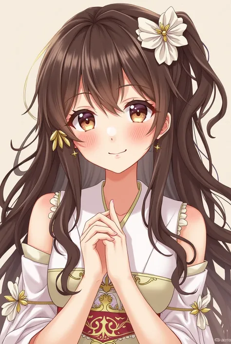 long hair, high resolution, brown hair, big breasts, blushing, smile, simple background, decorationsผม, Hair bow, decorations, decorations, Ukiyo-e pictures, 