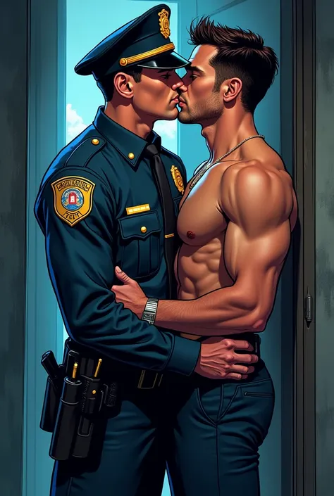 A handsome policeman passionately kissing a handsome fireman. NSFW comic style 