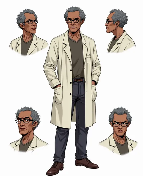 a middle-aged man named Michael Saldanha. He has deep black skin, short, curly gray hair, and wears thin-framed glasses. His eyes are dark brown, showing a sharp, analytical expression. He has a slender build, with a slightly stooped posture from working l...