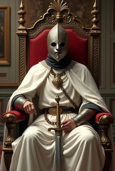 I want an image of him sitting on his throne with his mask and his white clothes from the Middle Ages. In his right hand he has a sword and his left arm raised in front of him with his hand open, Baldwin IV of Jerusalem, and his mask is an iron mask with a...