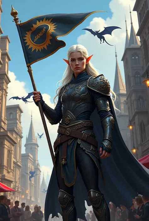 
A beautiful elf in black semi armor in a city with dragons holding a flag that says Santiago Andrés