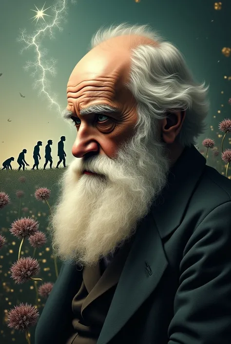 Create an image of Charles Darwin with a background of cells and also in the background an image of the evaluation of humans and also a text of an iconic phrase by Charles Darwin but the phrase remains in the background 