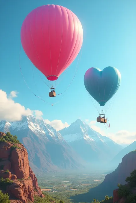 A pink balloon flying over Venezuela and a blue heart-shaped balloon flying over Spain