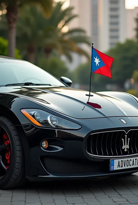 A stylish car of black color and a Kashmir small size flag on front side with a name plate of ADVOCATE 