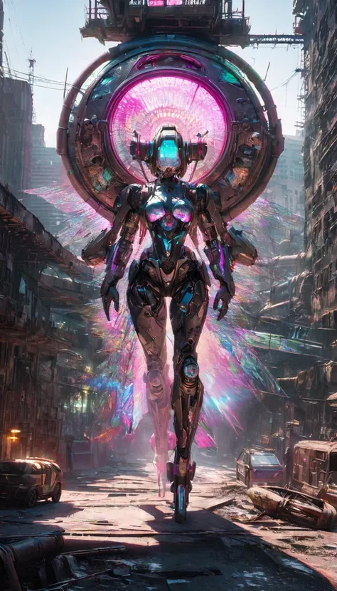 made of carved from pearl platinum crystal, beautiful android cyborg, wearing armor made of the same material, lots of transparent iridescent spirit fairies made of stained glass, background analyzer is fusion of (cyberpunk, clockpunk, dieselpunk and steam...