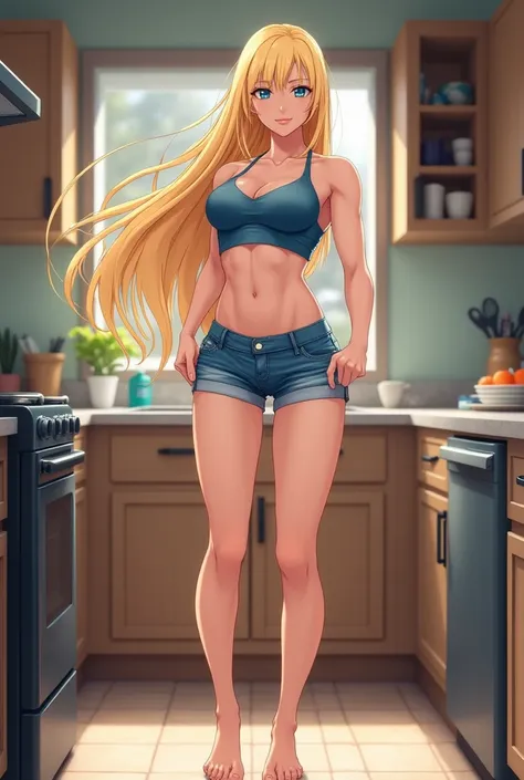 beautiful very fit anime woman, very long blonde hair, medium muscles, visible muscles, blue long stretch camisole, denim shorts, standing in the kitchen, barefoot