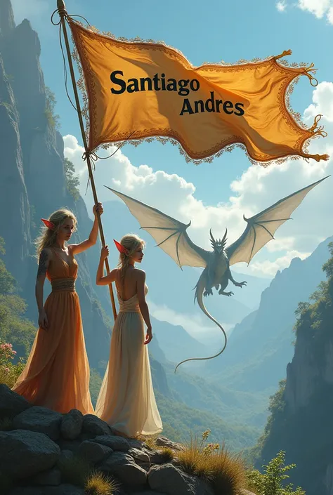 Two beautiful elves with a flag that says Santiago Andrés and in the background a dragon
