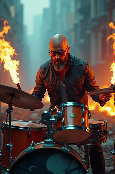 drummer Black, bald, with beard, cyberpunk glasses, fire drumsticks, apocalyptic background, ultra realisitic, 8k, Motor Unreal 5, colerful, highy detailed