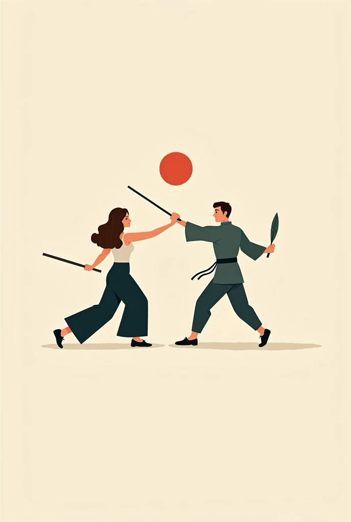 Create an art , minimalistic , Simpler ,  of a couple in love , the woman with brown hair, medium wavy,  the man with short hair , They are both martial arts fighters and are fighting, the woman has the baton, and the man with one leaves and they love each...