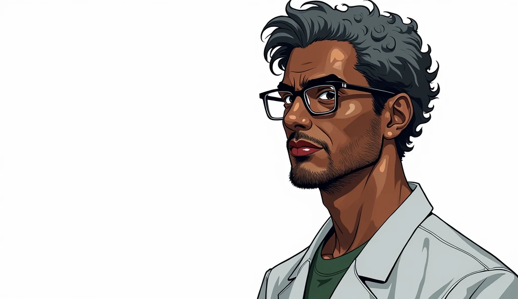 a middle-aged man named Michael Saldanha. He has deep black skin, short, curly gray hair, and wears thin-framed glasses. His eyes are dark brown, showing a sharp, analytical expression. He has a slender build, with a slightly stooped posture from working l...