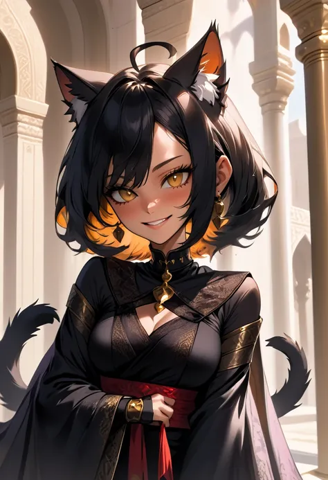 solo, female, cat girl, ancient middle eastern, tan skin, black fur, fluffy furred claws, short black hair, large breasts, tied hair, luxurious bell collar, cat ears, cat tail, smile, slit pupils, slim, shawl, fit, lazy, sunny, resting, excited, close up, ...