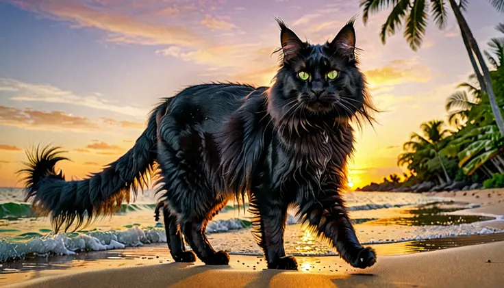 A realistic and detailed 8K photo of a black Maine Coon cat with striking green eyes walking confidently along a tropical beach at sunset. The cats glossy fur flows gracefully in the warm breeze, capturing the golden light of the setting sun. The beach is ...