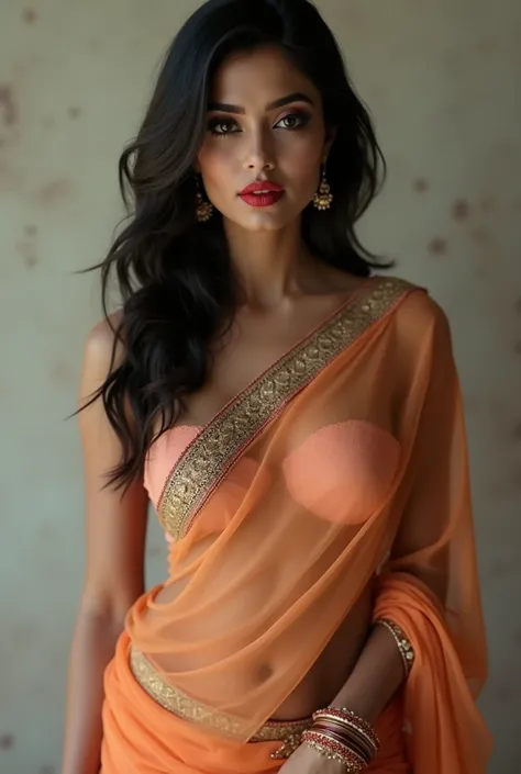 Indian Bhabhi wearing transparent sari with red lipstick 