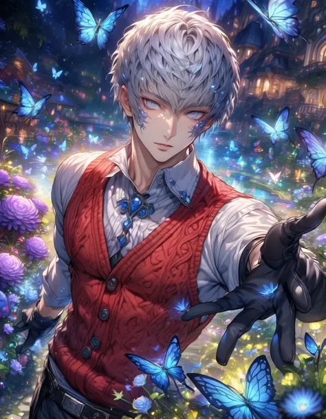 absurdres, highres, ultra detailed, HDR, masterpiece, extremely detailed, detailed eyes, detailed face, Sanada Akihiko, gray hair, short hair, short bangs, expressive dark gray eyes, Persona 3, solo, sexy man, sensual, handsome, mature man, adult face, whi...